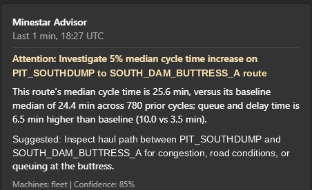 An amber Attention advisory: a route's median cycle time at 25.6 minutes against a baseline median of 24.4 minutes across 780 prior cycles, a 5 percent increase, with queue and delay 6.5 minutes above baseline, a suggested inspection, and 85 percent confidence