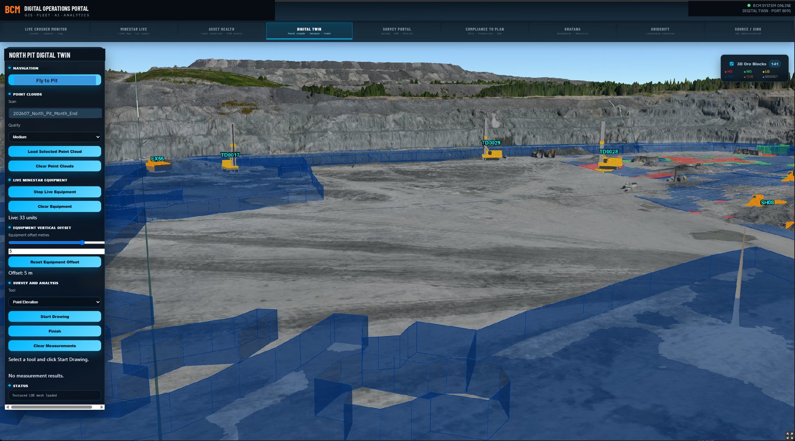Digital twin: textured 3D terrain from drone survey with live equipment positions and 3D ore blocks